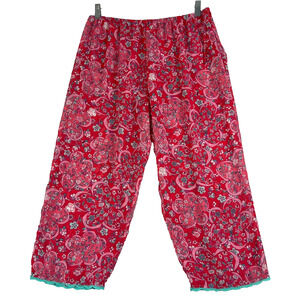 Josie Natori Women's Pajama Pants Size Large Red Flower Pattern Blue Lace Hem